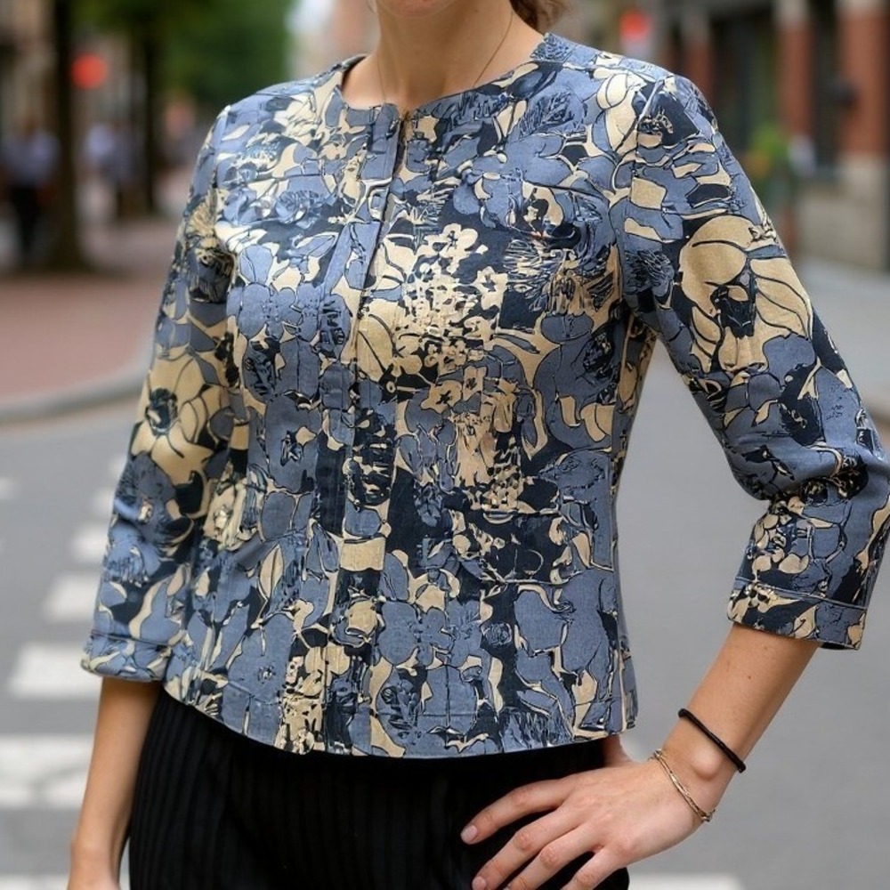 Floral Print Jacket Womens Blue White Button Up Lightweight Coat